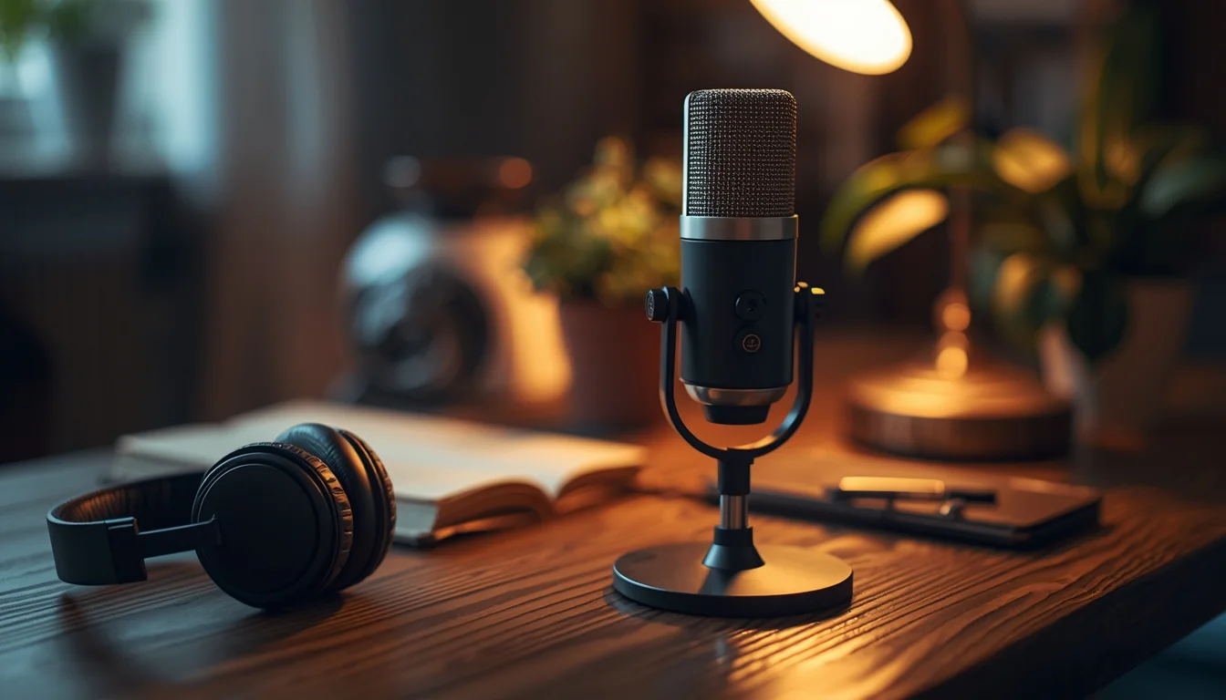 Un microphone et un casque reposent dans un studio vide.