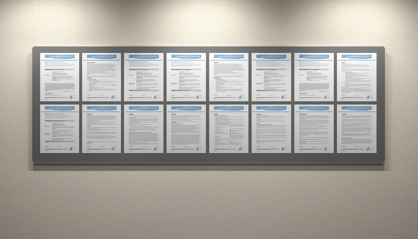 Un panneau mural rassemble plusieurs documents d’information dont le contenu reste illisible.