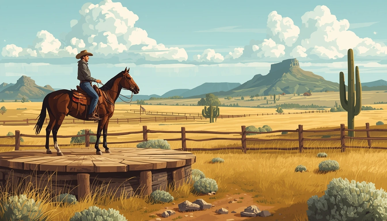 Une illustration montre un cowboy à cheval dans un paysage western générique.