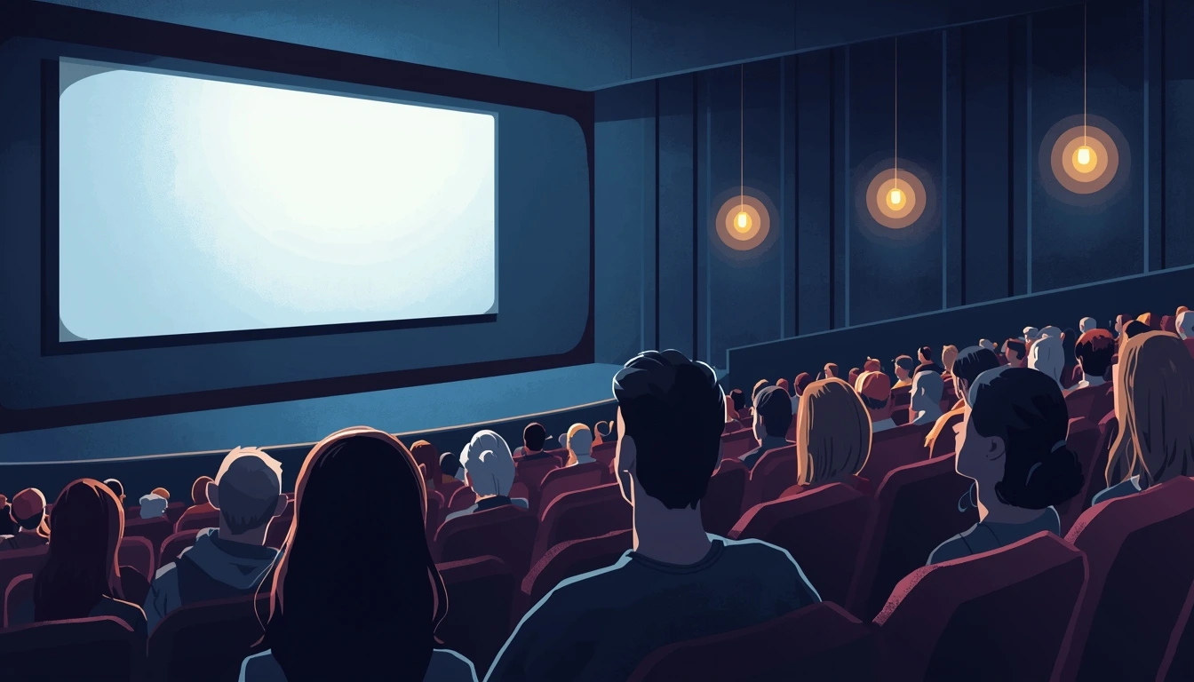 Une illustration montre des spectateurs dans une salle de cinéma face à un écran vierge.