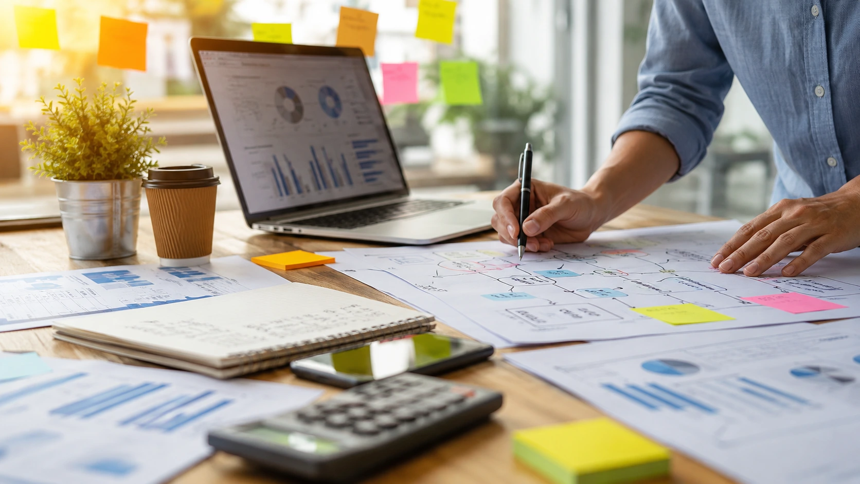 Une personne organise des documents de travail et des graphiques génériques sur un bureau.