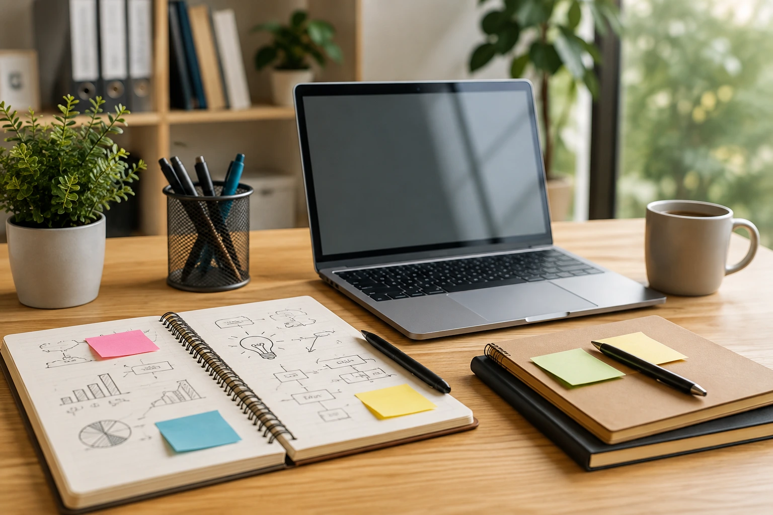 Un ordinateur portable à l’écran noir repose sur un bureau organisé.