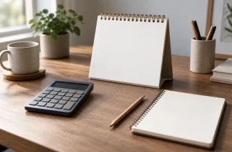 Un calendrier vierge et une calculatrice sans chiffres sont posés sur un bureau avec un carnet vierge.