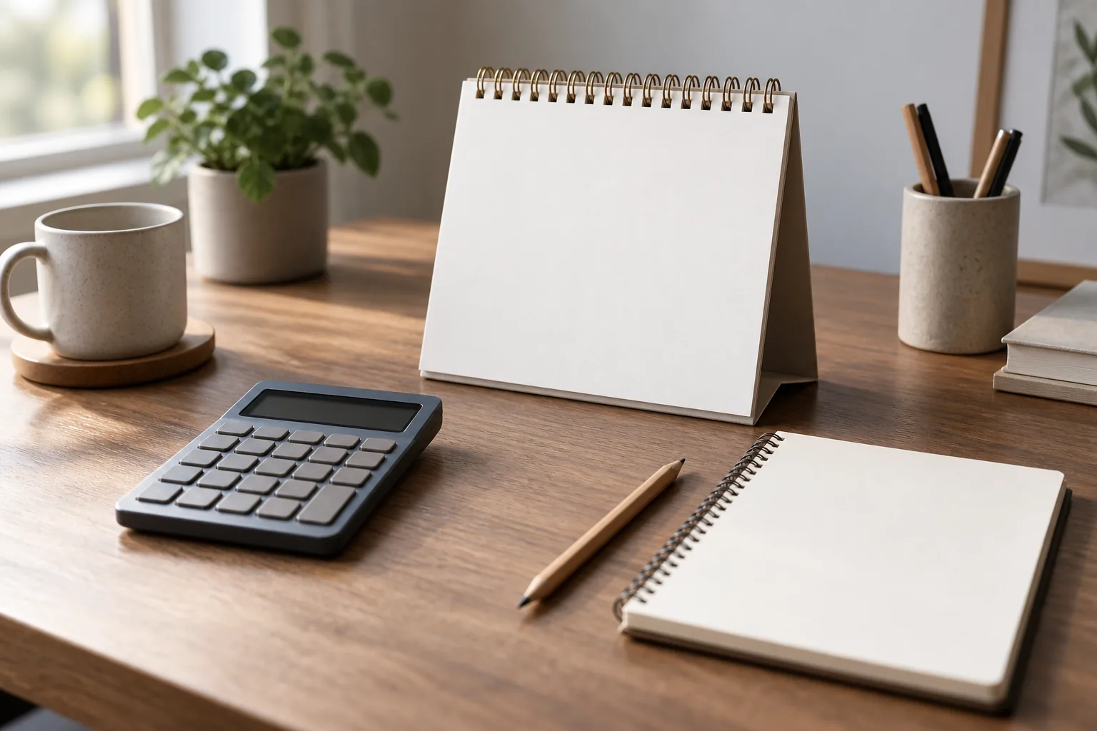 Un calendrier vierge et une calculatrice sans chiffres sont posés sur un bureau avec un carnet vierge.