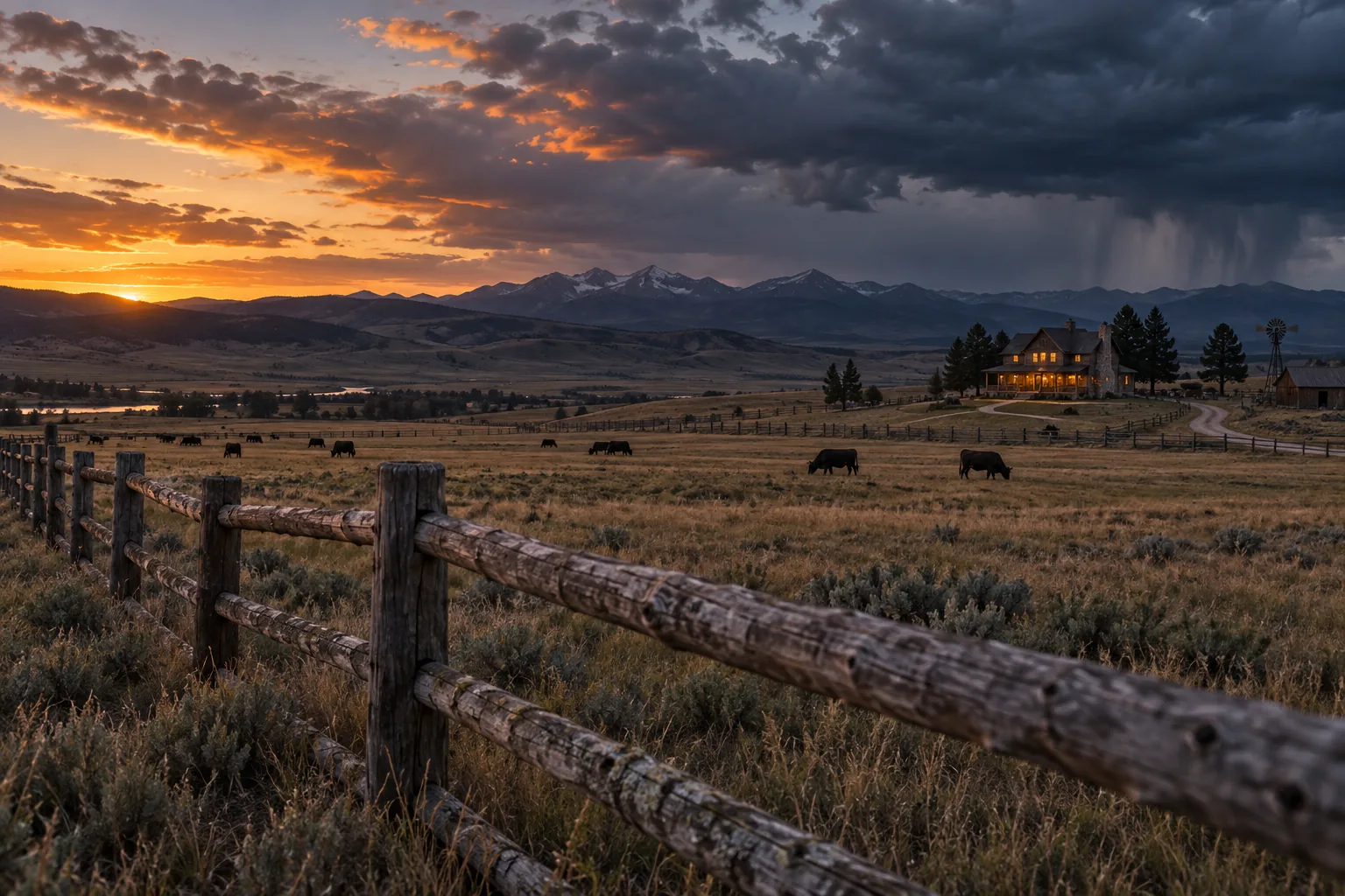 Un ranch bovin générique sous un ciel d’orage au coucher du soleil.
