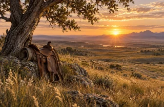 Une selle vide repose près d’un arbre face à une vaste prairie au lever du soleil.