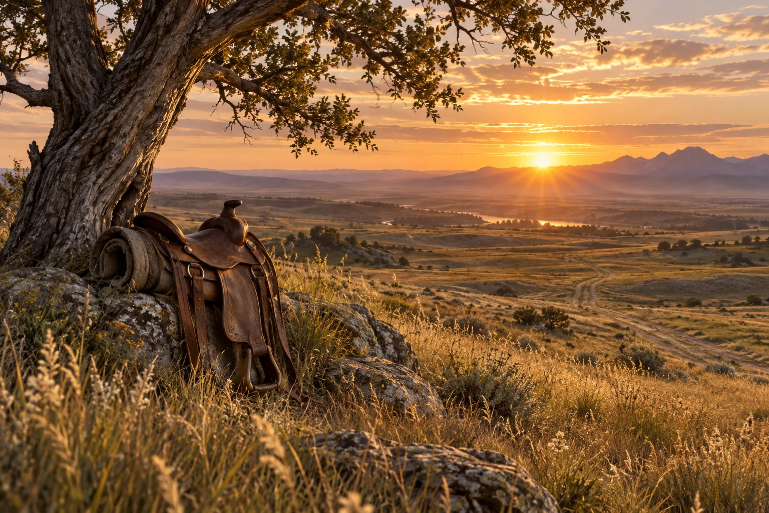 Une selle vide repose près d’un arbre face à une vaste prairie au lever du soleil.
