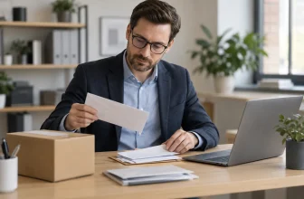 Un professionnel consulte une enveloppe et du courrier à côté d’un colis neutre dans son bureau.