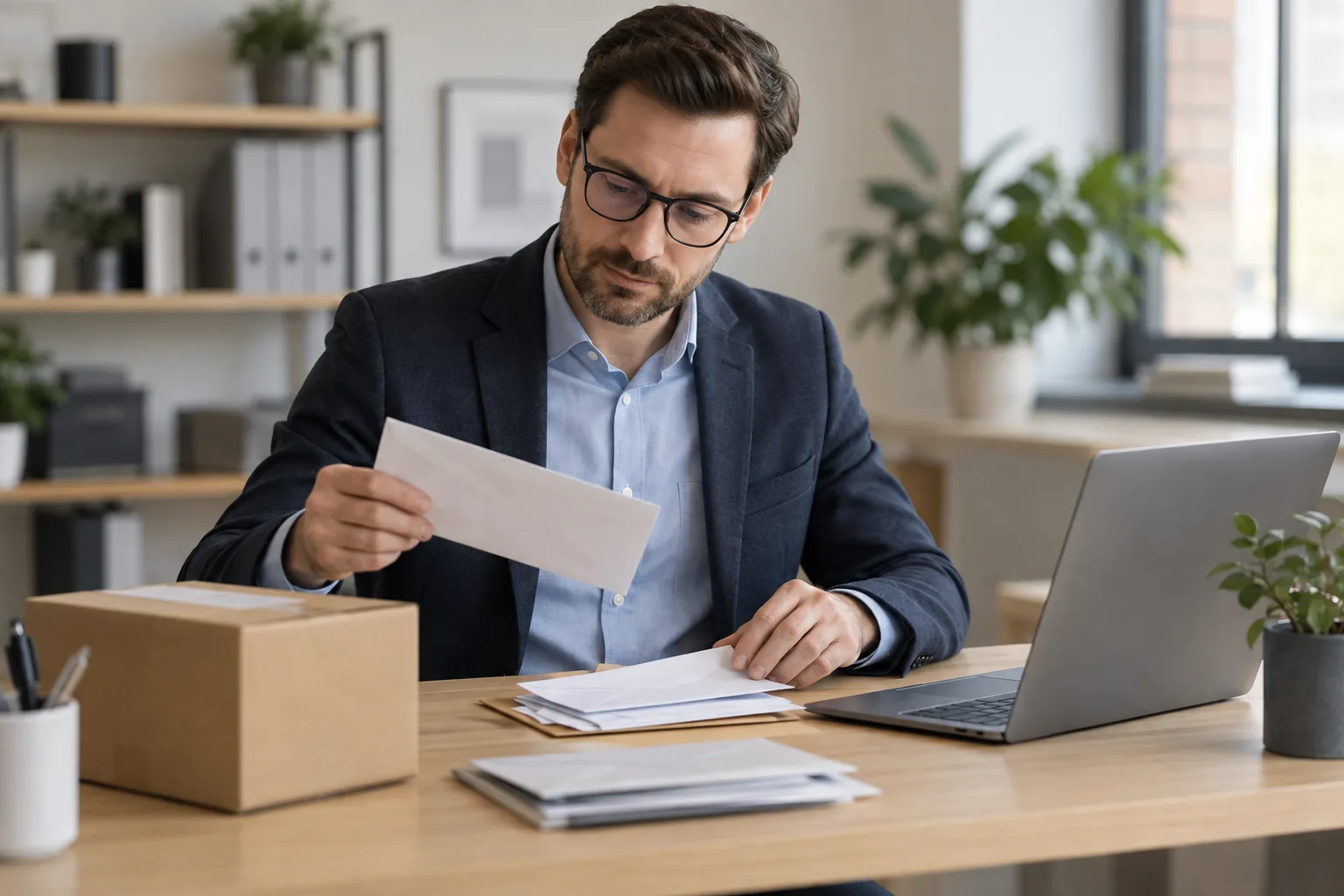 Un professionnel consulte une enveloppe et du courrier à côté d’un colis neutre dans son bureau.