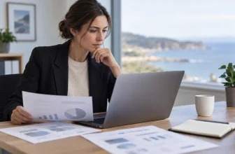 Une professionnelle vérifie des documents d’entreprise et des informations sur ordinateur devant un paysage côtier discret.