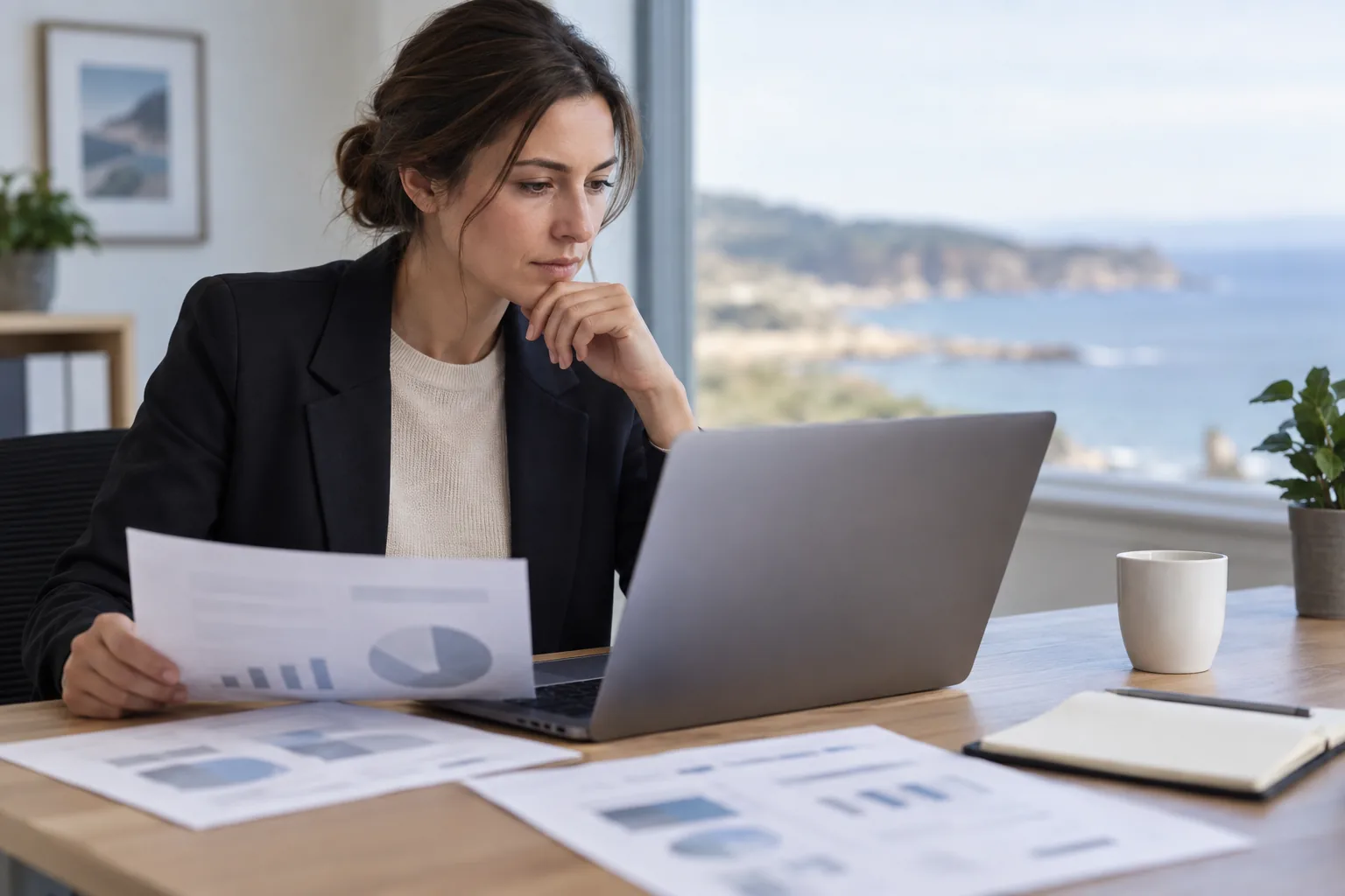 Une professionnelle vérifie des documents d’entreprise et des informations sur ordinateur devant un paysage côtier discret.