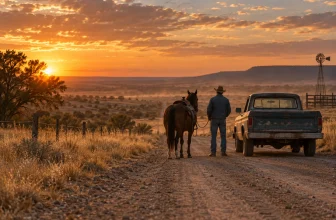 Un cowboy anonyme de dos accompagne son cheval près d’un pick-up sur une piste.