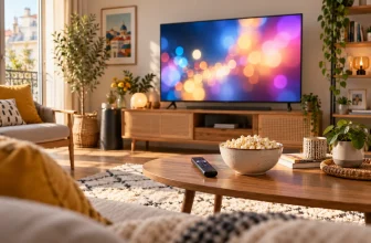 Un salon lumineux avec une télévision affichant des lumières abstraites et un bol de pop-corn.
