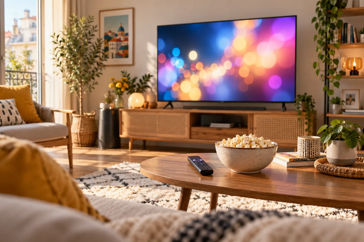 Un salon lumineux avec une télévision affichant des lumières abstraites et un bol de pop-corn.