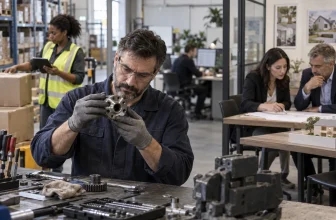 Un groupe diversifié de professionnels travaille dans un atelier, un espace logistique, un bureau et un environnement immobilier.
