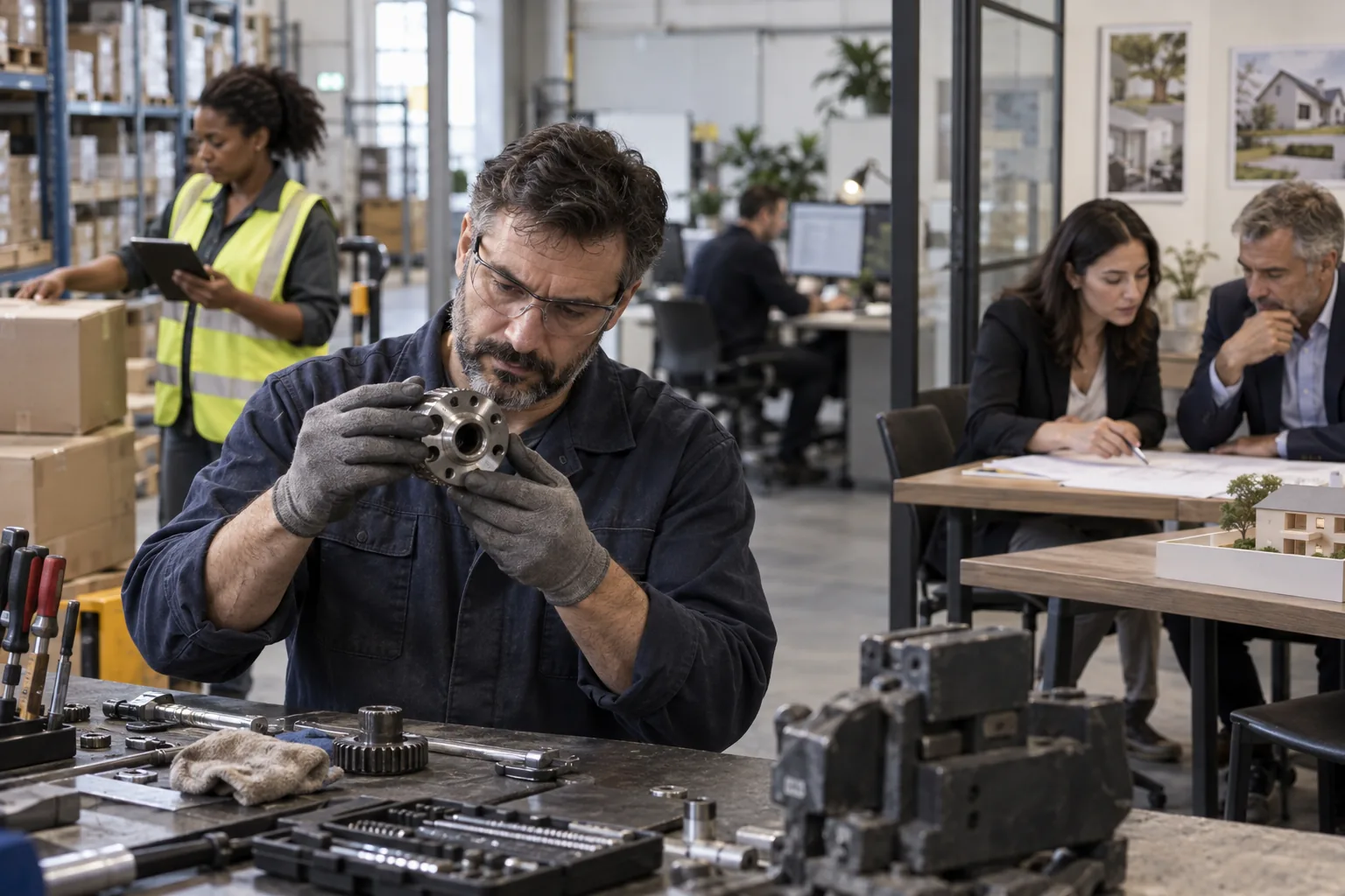 Un groupe diversifié de professionnels travaille dans un atelier, un espace logistique, un bureau et un environnement immobilier.