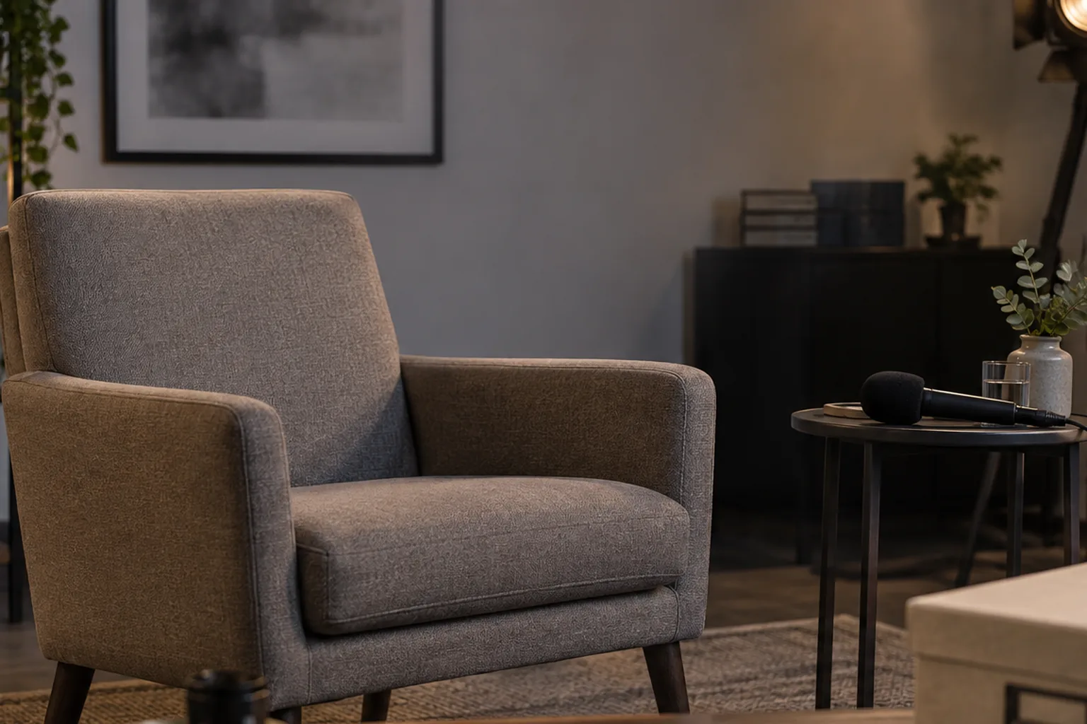 Un fauteuil vide et un microphone éteint composent un plateau d’entretien sans personne ni portrait.