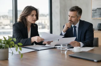 Deux professionnels examinent ensemble des dossiers neutres au cours d’une réunion d’entreprise.