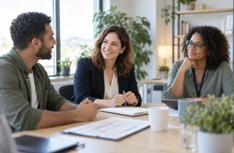 Trois professionnels échangent sereinement autour de documents de planning illisibles dans un bureau lumineux.