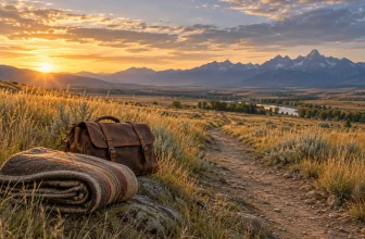 Une couverture et une sacoche de voyage reposent au bord d’un sentier dans la prairie.