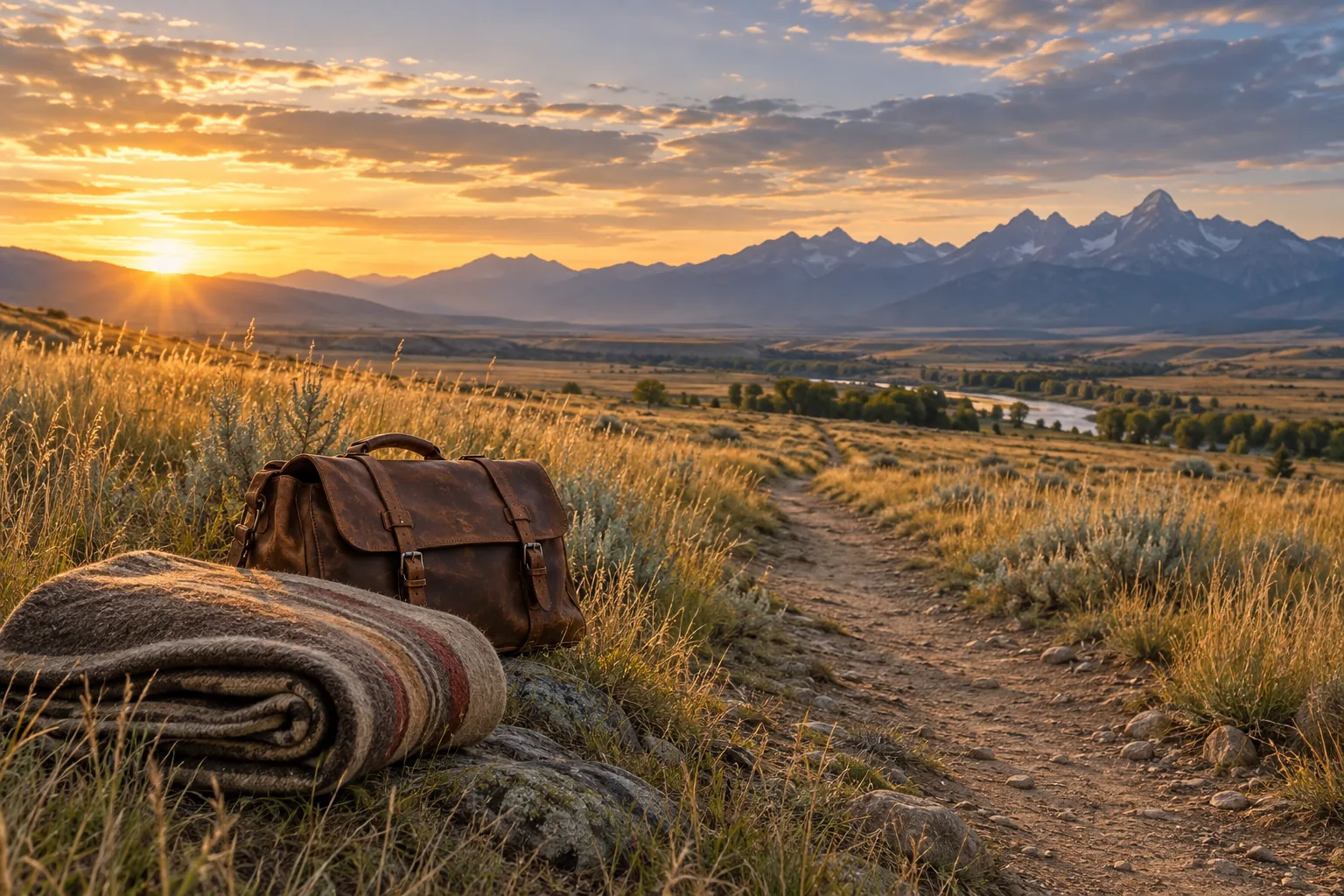 Une couverture et une sacoche de voyage reposent au bord d’un sentier dans la prairie.