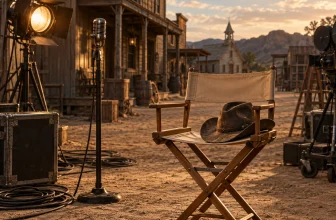Un fauteuil de réalisateur vide avec un chapeau de cowboy sur un plateau western.