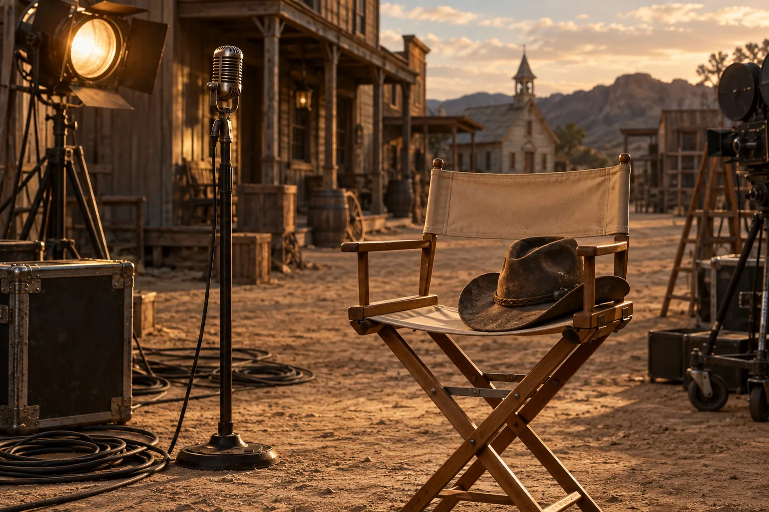 Un fauteuil de réalisateur vide avec un chapeau de cowboy sur un plateau western.
