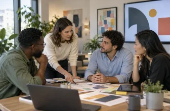 Une équipe diversifiée discute autour de documents et de tableaux abstraits dans un espace entrepreneurial.